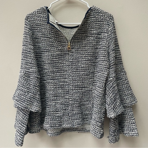 Sail to Sable STS Women’s Textured Navy Ivory Sweater Top Bell Sleeves Size L - Picture 9 of 9